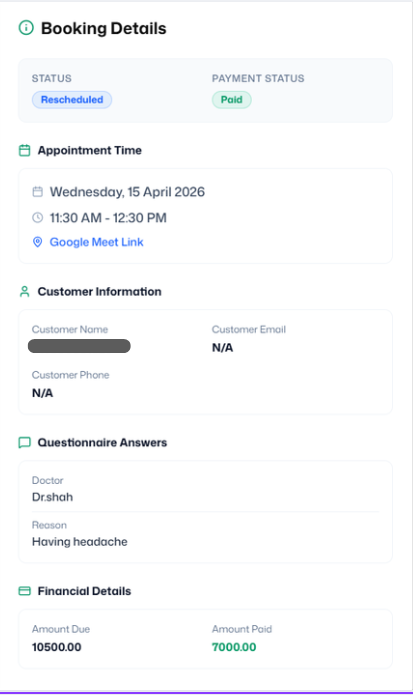 Booking Details View